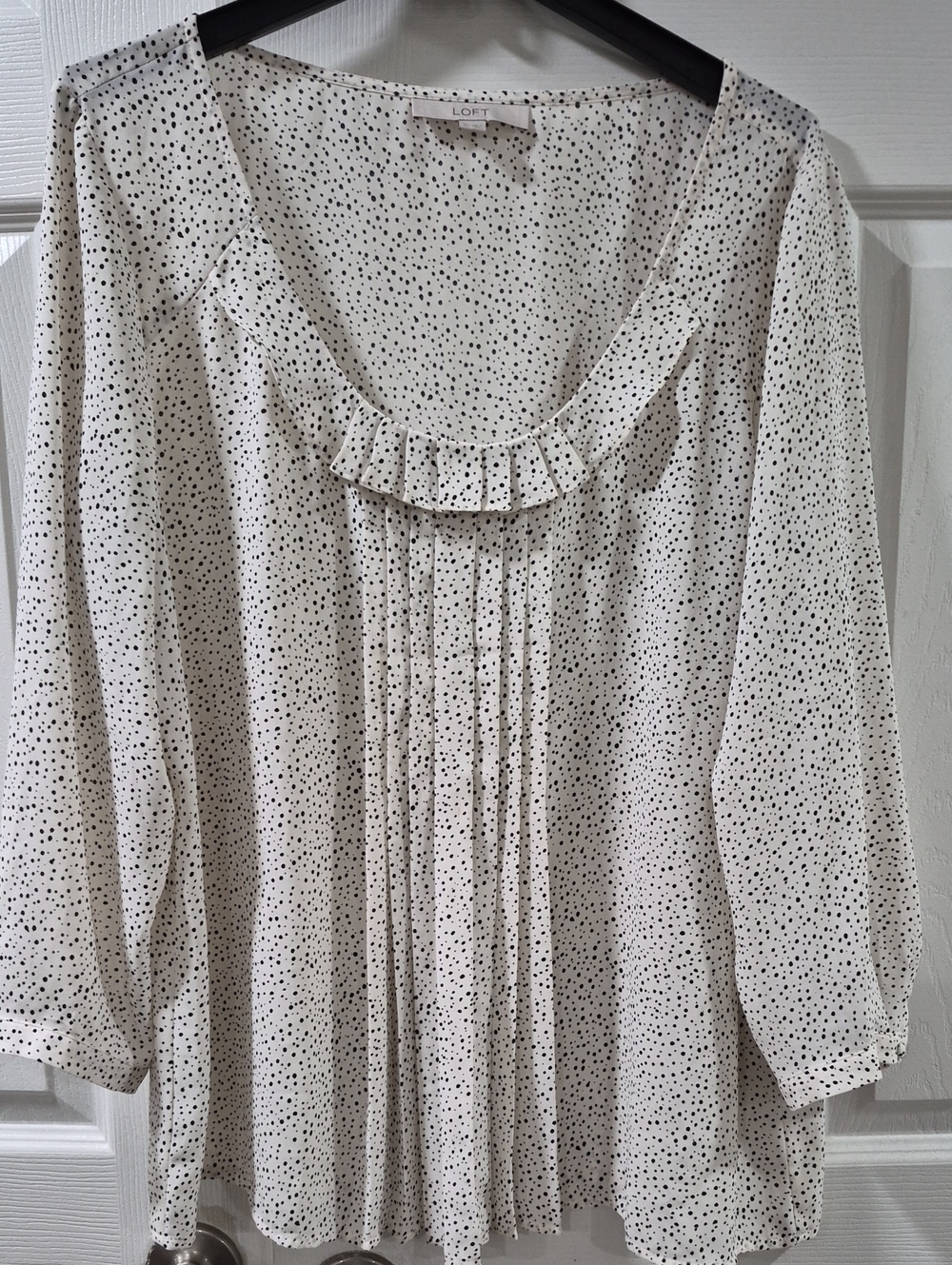 LOFT Cream Blouse with Black Dot Print and Pleated Front